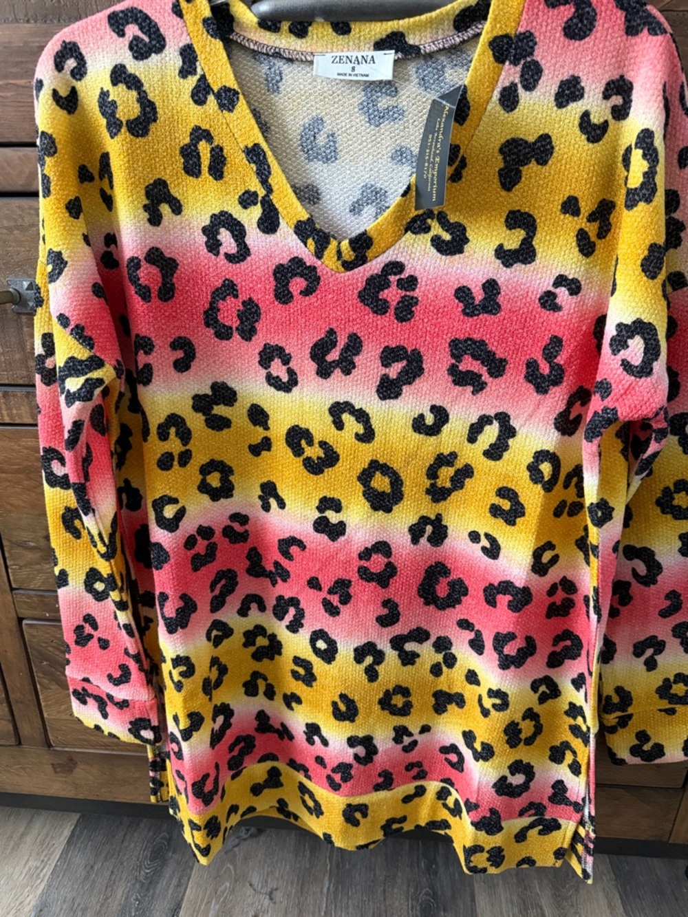 NWT Zenana Outfitters Yellow and Pink Leopard Print V-Neck Waffle Knit Sweater.